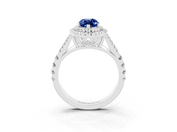 White gold Double Halo Marquise Cut Blue Sapphire Pavé Split Shank Ring with Prong Setting