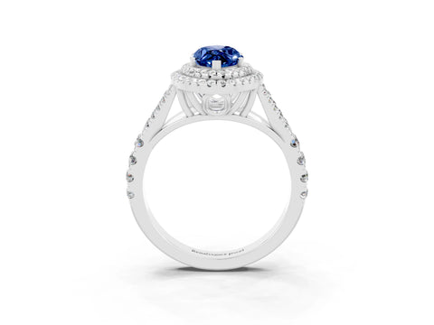 White gold Double Halo Marquise Cut Blue Sapphire Pavé Split Shank Ring with Prong Setting_3