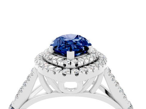 White gold Double Halo Marquise Cut Blue Sapphire Pavé Split Shank Ring with Prong Setting_4
