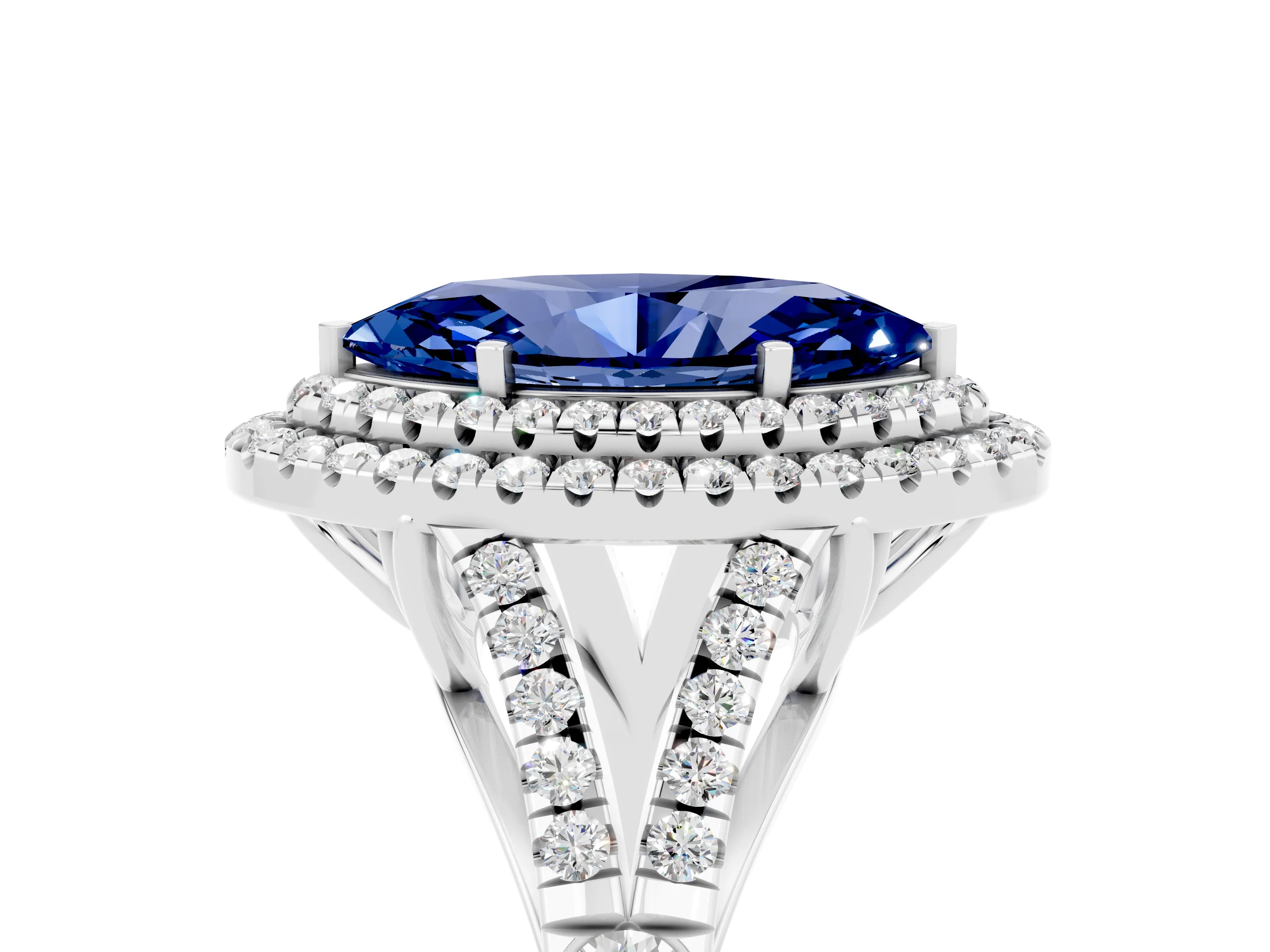 White gold Double Halo Marquise Cut Blue Sapphire Pavé Split Shank Ring with Prong Setting_5