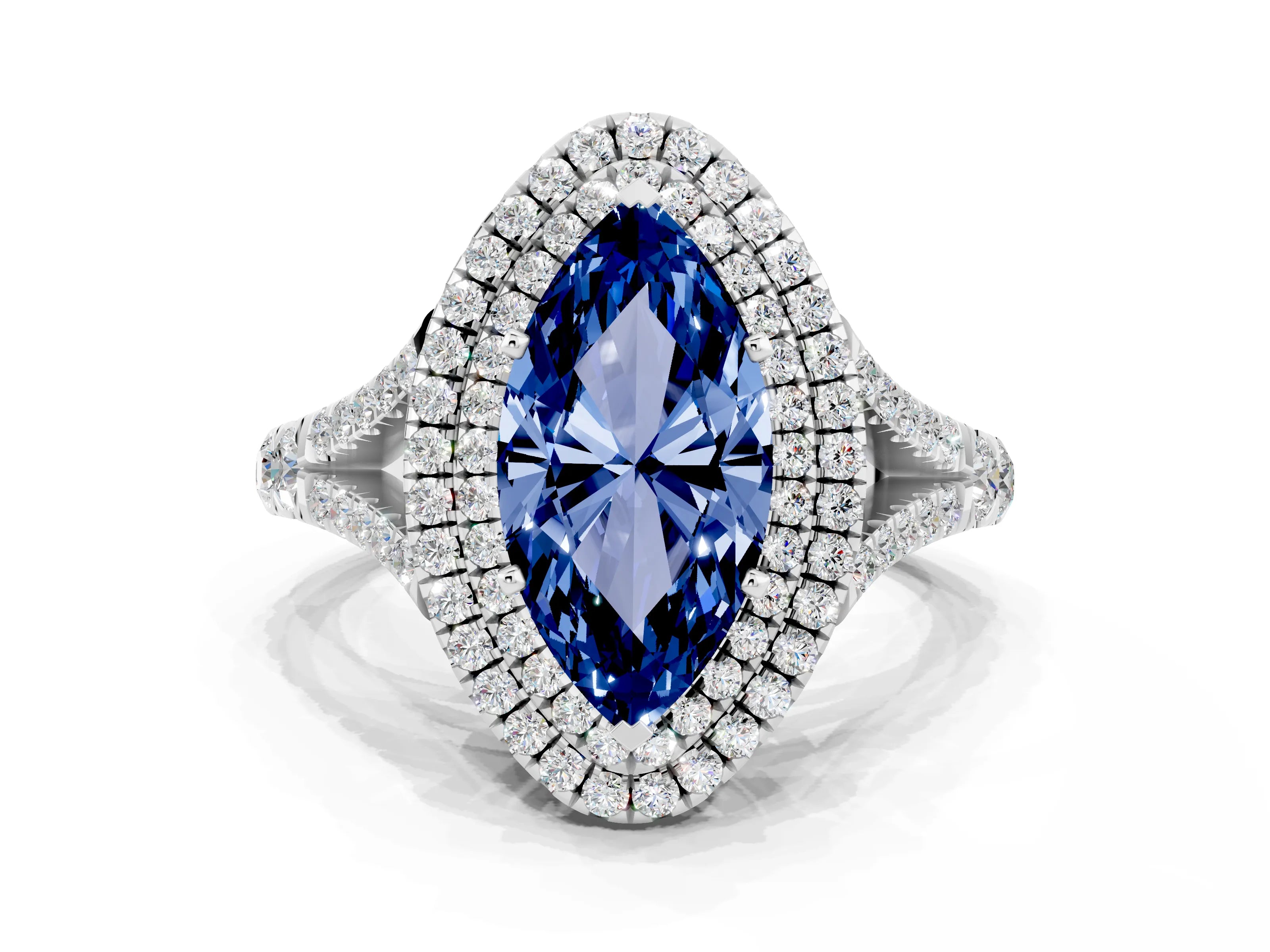 White gold Double Halo Marquise Cut Blue Sapphire Pavé Split Shank Ring with Prong Setting