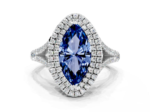 White gold Double Halo Marquise Cut Blue Sapphire Pavé Split Shank Ring with Prong Setting