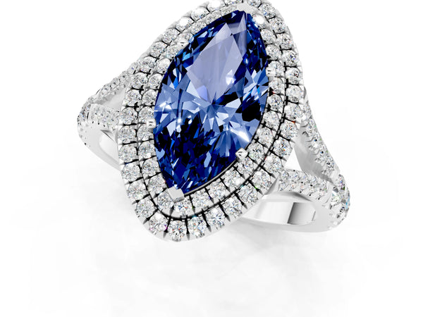 Platinum Double Halo Marquise Cut Blue Sapphire Split Shank Engagement Ring with Four-Prong Setting