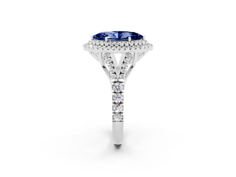 White gold Double Halo Marquise Cut Blue Sapphire Split Shank Engagement Ring with Four-Prong Setting_2