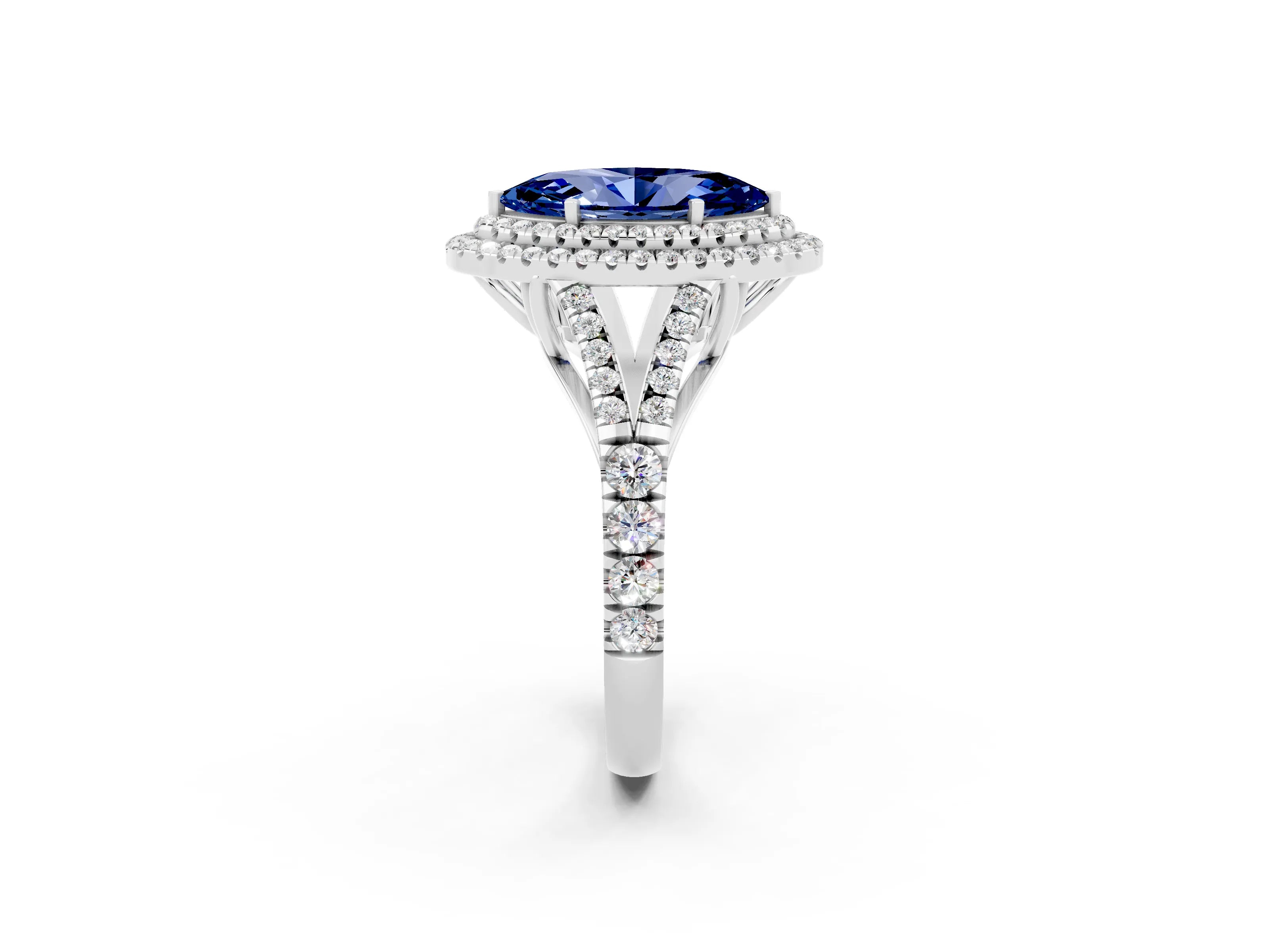 White gold Double Halo Marquise Cut Blue Sapphire Split Shank Engagement Ring with Four-Prong Setting_2