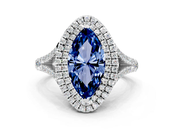 Silver Double Halo Marquise Cut Blue Sapphire Split Shank Engagement Ring with Four-Prong Setting
