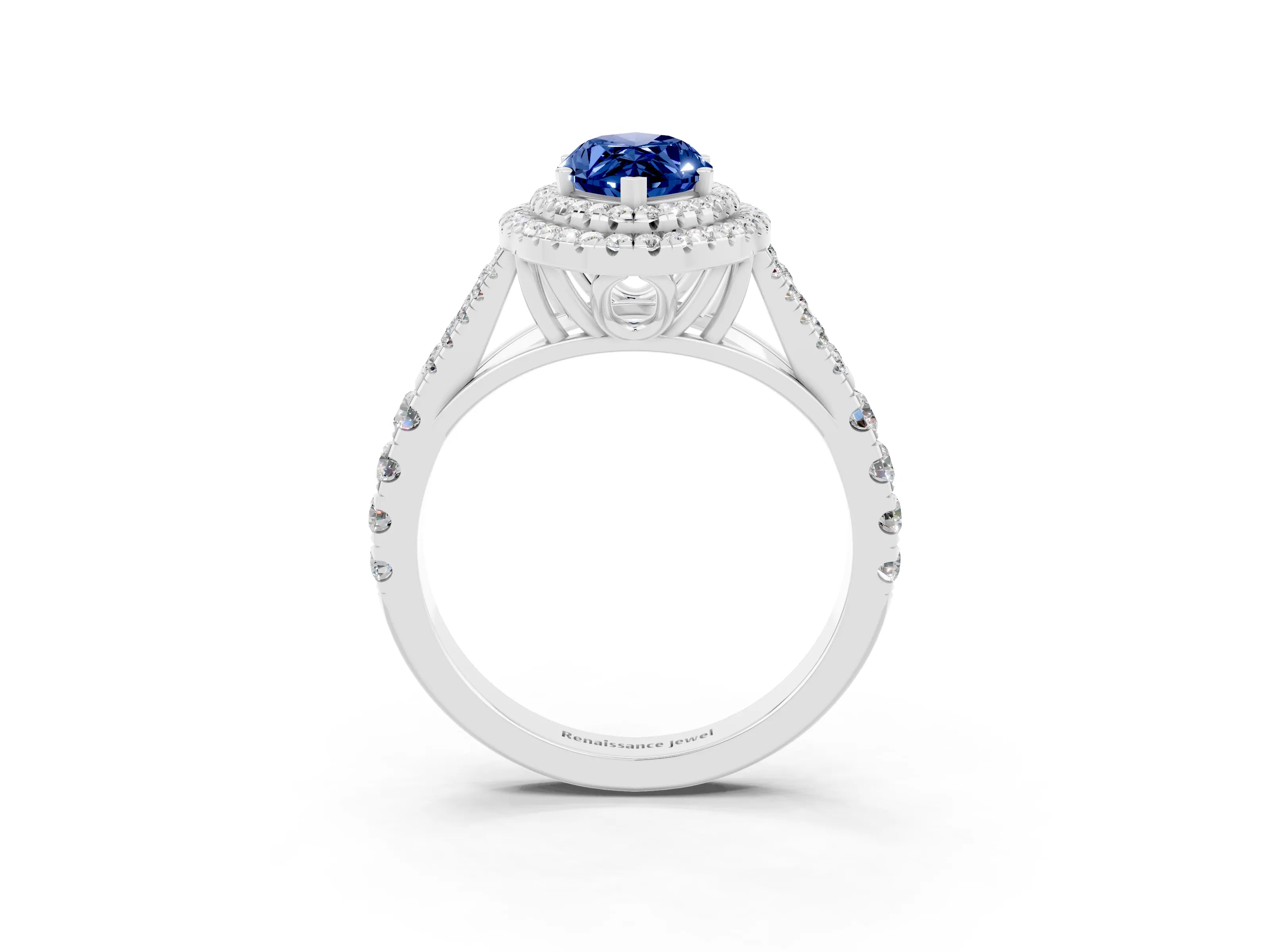 White gold Double Halo Marquise Cut Blue Sapphire Split Shank Engagement Ring with Four-Prong Setting_3