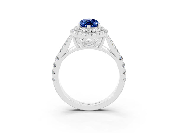 Silver Double Halo Marquise Cut Blue Sapphire Split Shank Engagement Ring with Four-Prong Setting