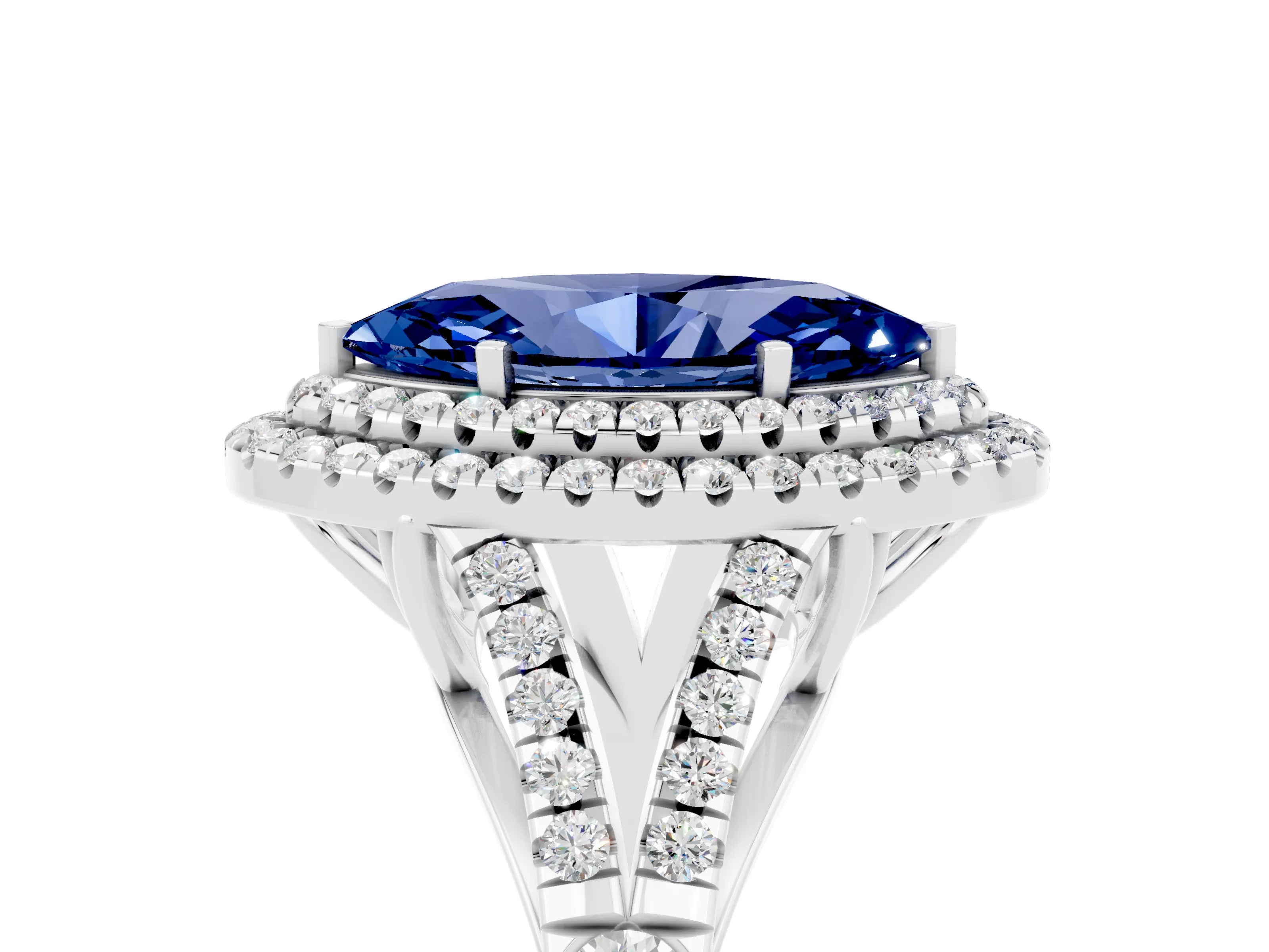 White gold Double Halo Marquise Cut Blue Sapphire Split Shank Engagement Ring with Four-Prong Setting_5