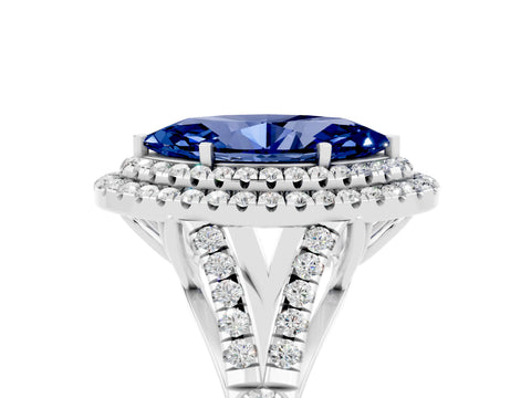 White gold Double Halo Marquise Cut Blue Sapphire Split Shank Engagement Ring with Four-Prong Setting_5