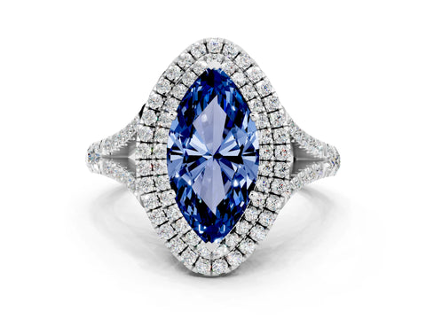 White gold Double Halo Marquise Cut Blue Sapphire Split Shank Engagement Ring with Four-Prong Setting