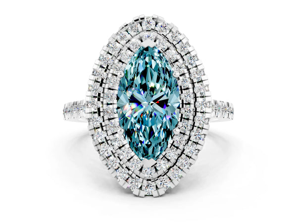 Platinum Double Halo Marquise Cut Blue Topaz Pavé Band with Four-Prong Setting