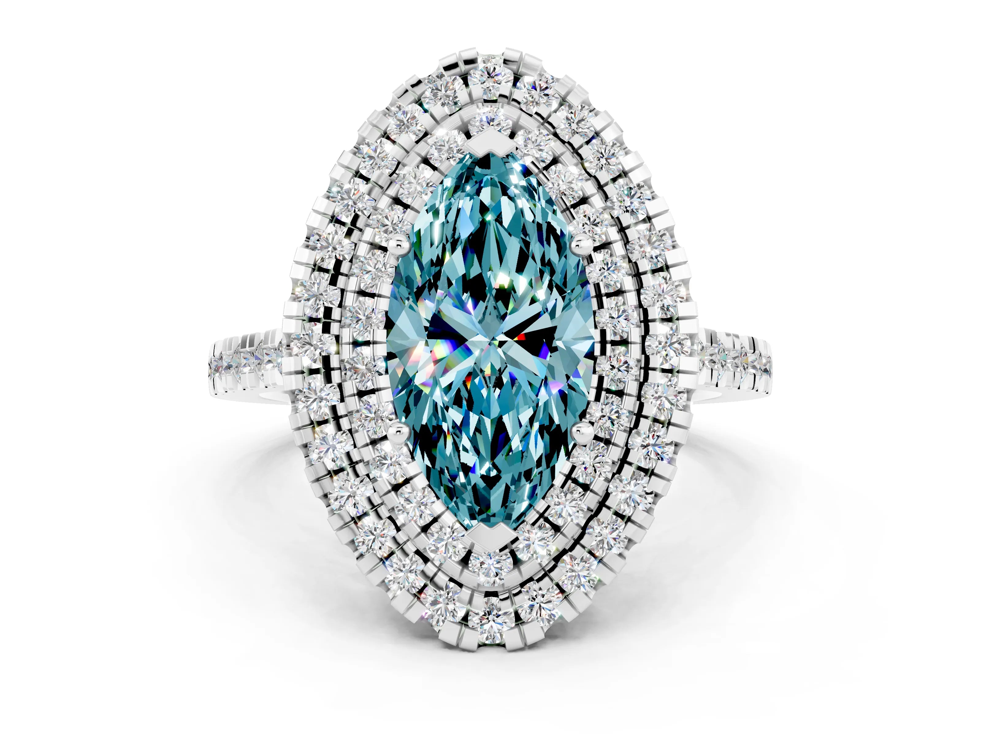 White gold Double Halo Marquise Cut Blue Topaz Pavé Band with Four-Prong Setting