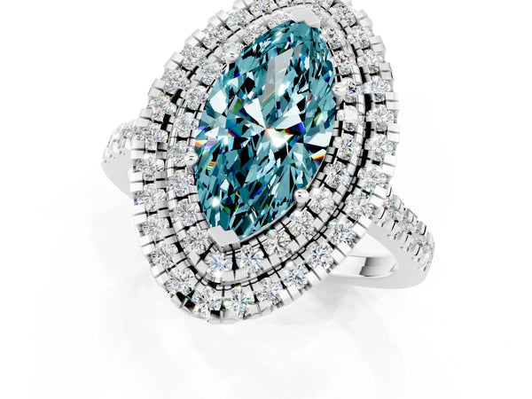 Silver Double Halo Marquise Cut Blue Topaz Pavé Band with Four-Prong Setting