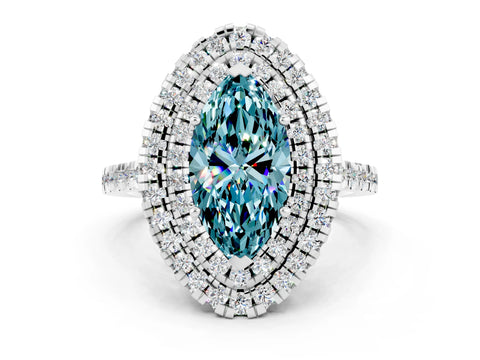 White gold Double Halo Marquise Cut Blue Topaz Pavé Band with Four-Prong Setting