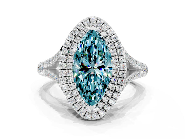 Platinum Double Halo Marquise Cut Blue Topaz Pavé Split Shank Ring with Prong Setting