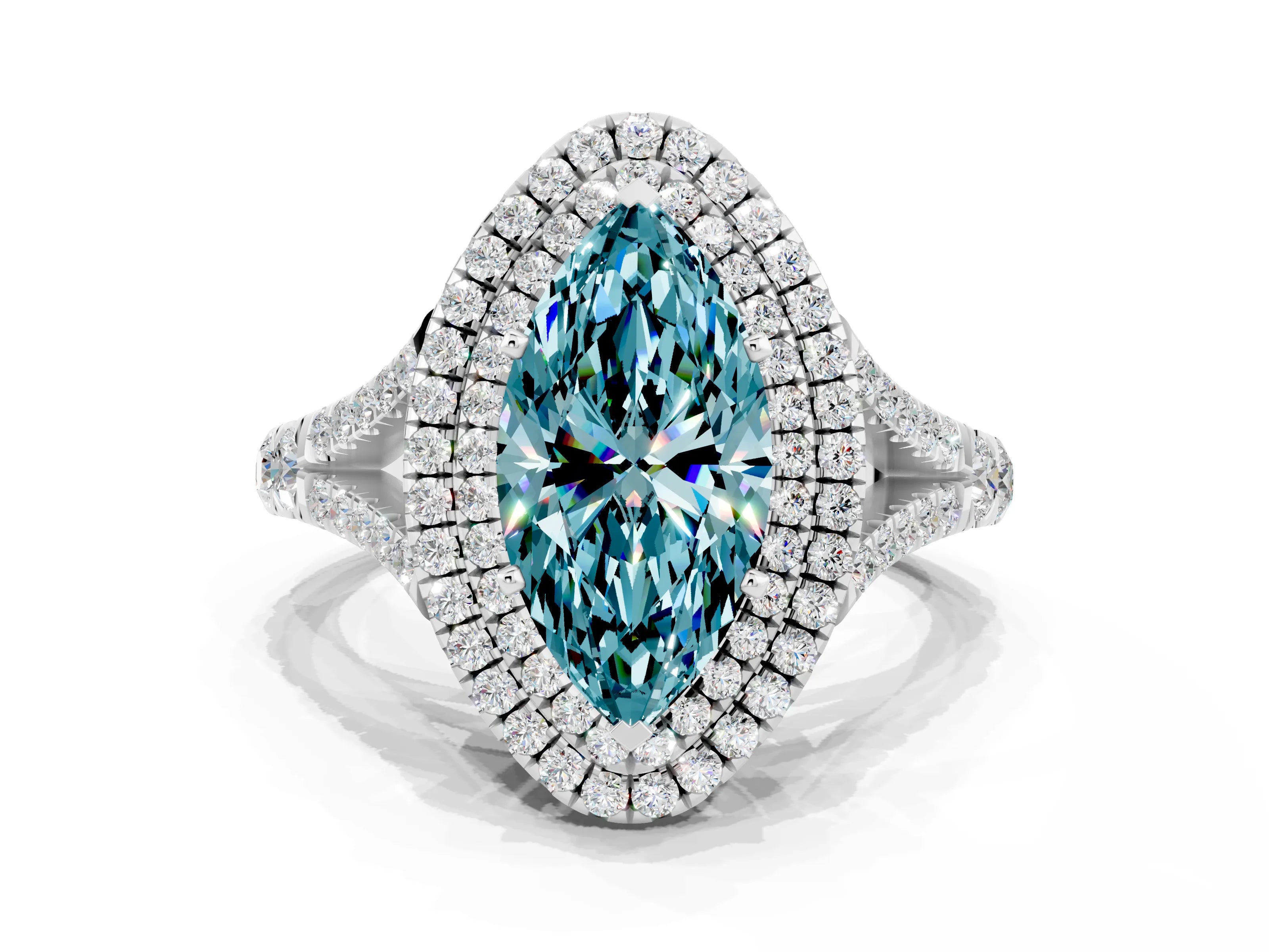 White gold Double Halo Marquise Cut Blue Topaz Pavé Split Shank Ring with Prong Setting