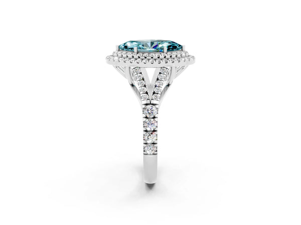 Platinum Double Halo Marquise Cut Blue Topaz Pavé Split Shank Ring with Prong Setting