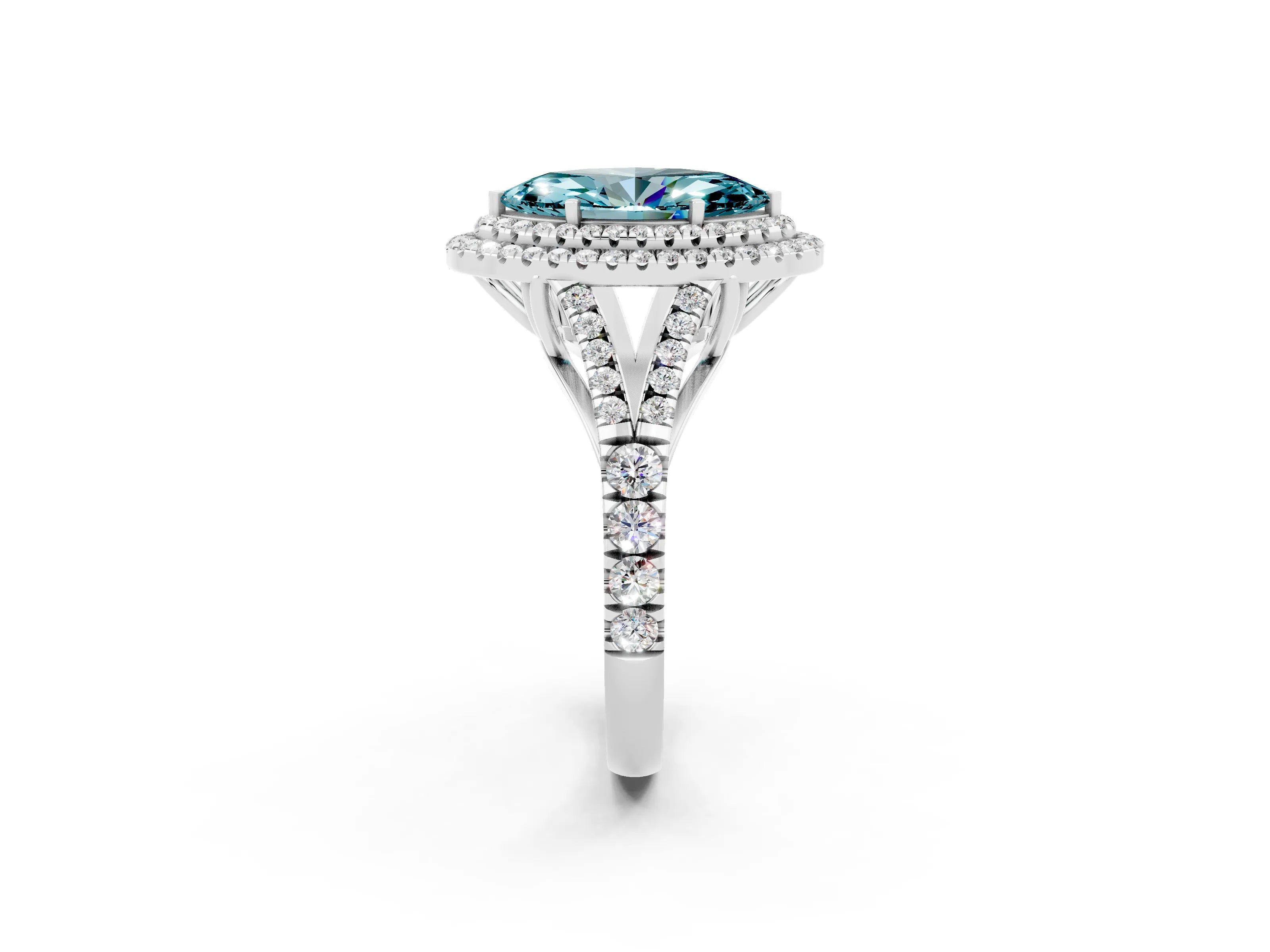 White gold Double Halo Marquise Cut Blue Topaz Pavé Split Shank Ring with Prong Setting_2
