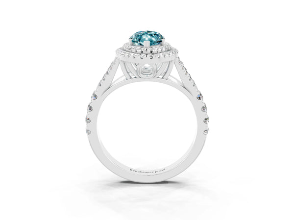 Silver Double Halo Marquise Cut Blue Topaz Pavé Split Shank Ring with Prong Setting