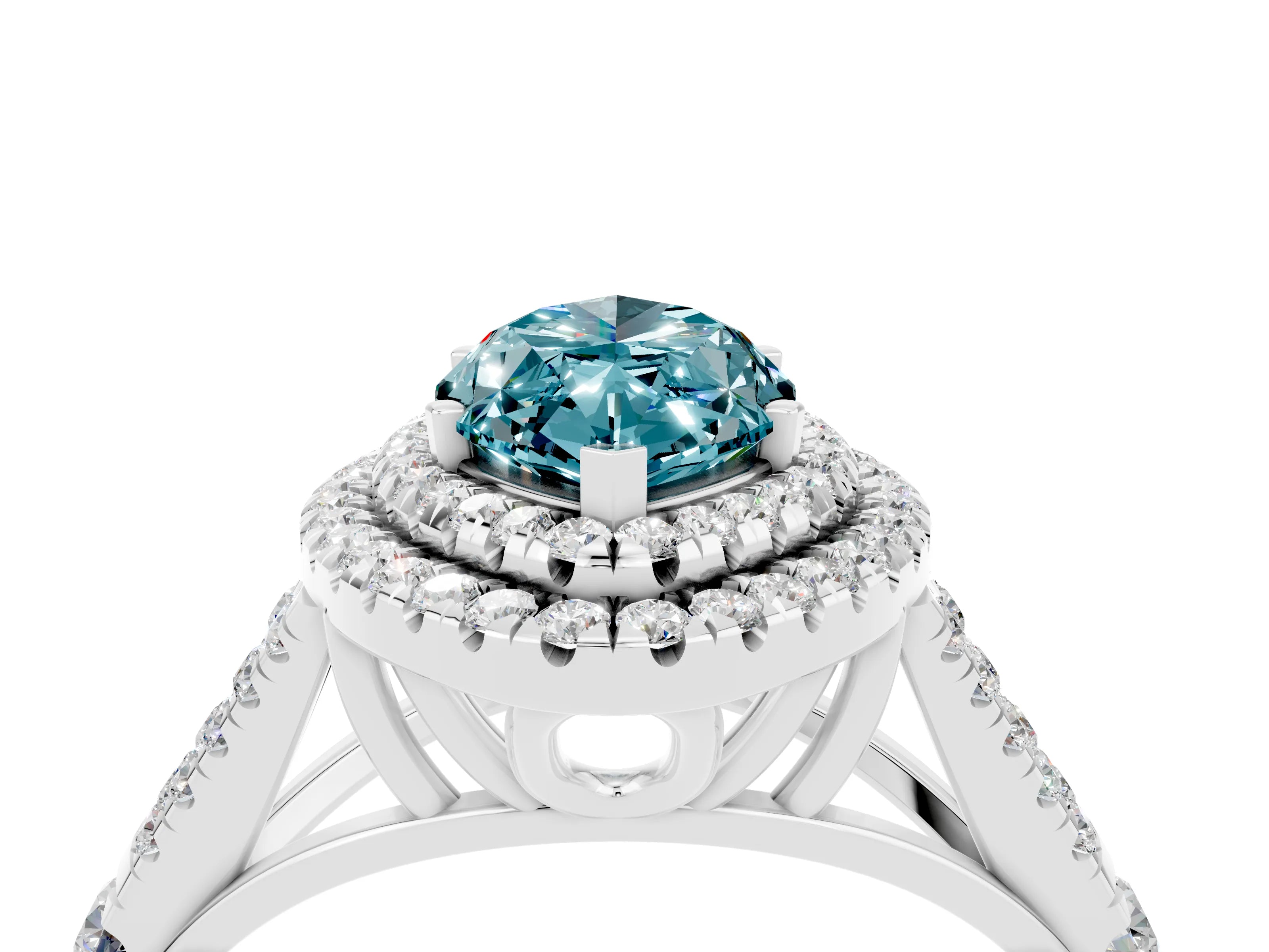 White gold Double Halo Marquise Cut Blue Topaz Pavé Split Shank Ring with Prong Setting_4