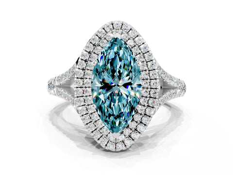 White gold Double Halo Marquise Cut Blue Topaz Pavé Split Shank Ring with Prong Setting