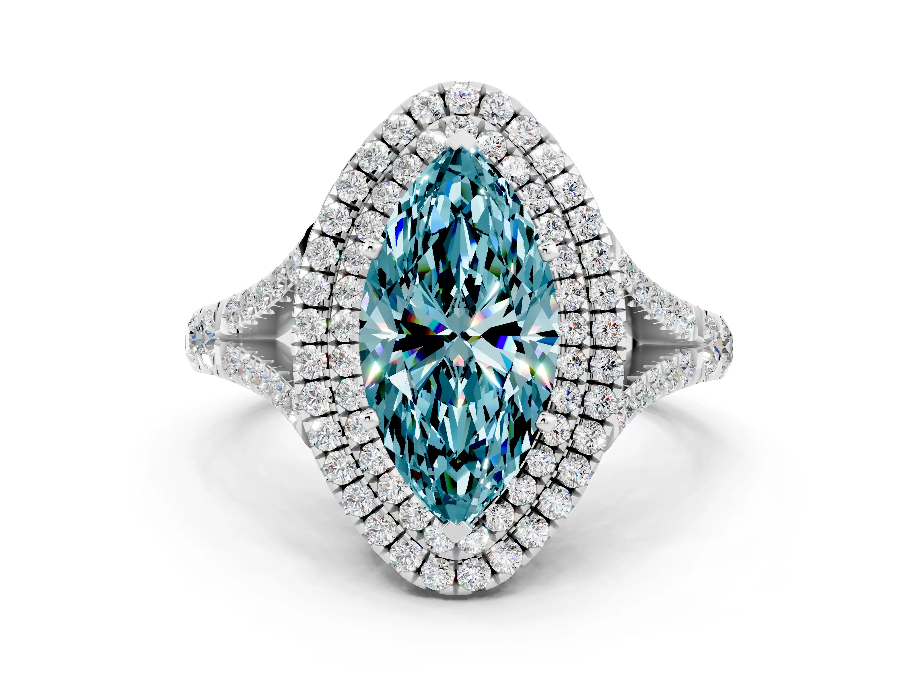 White gold Double Halo Marquise Cut Blue Topaz Split Shank Engagement Ring with Four-Prong Setting