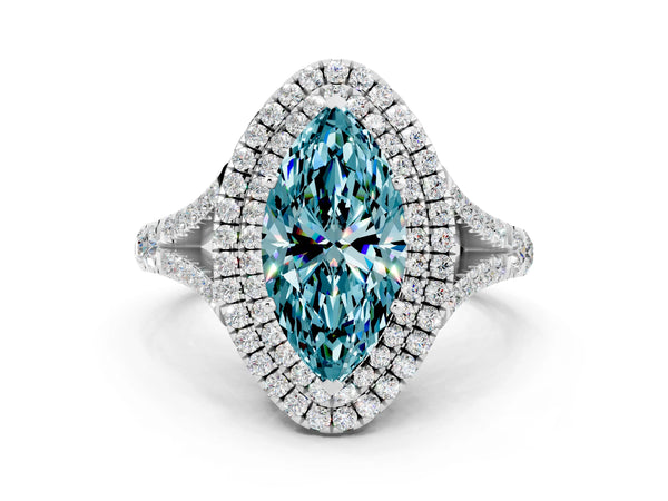 Silver Double Halo Marquise Cut Blue Topaz Split Shank Engagement Ring with Four-Prong Setting