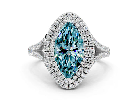White gold Double Halo Marquise Cut Blue Topaz Split Shank Engagement Ring with Four-Prong Setting