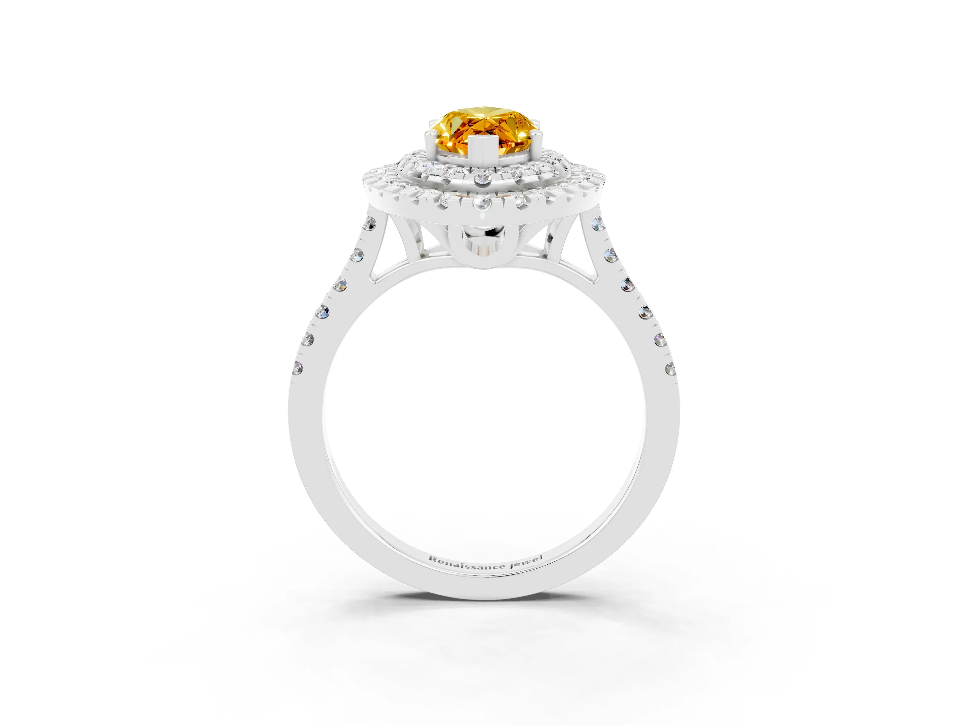 White gold Double Halo Marquise Cut Citrine Pavé Band with Four-Prong Setting_3
