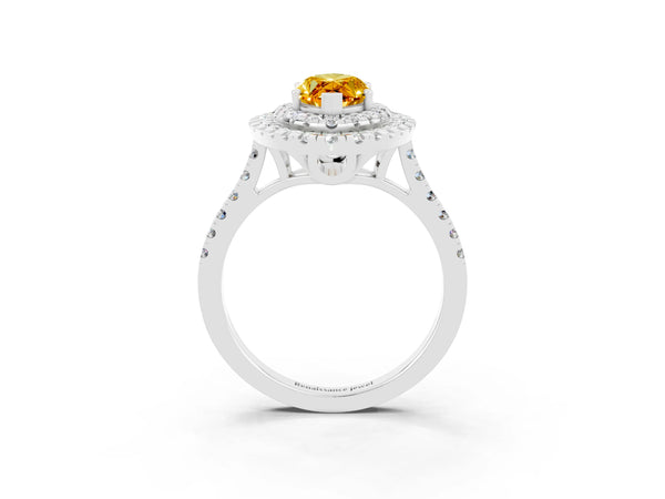 Platinum Double Halo Marquise Cut Citrine Pavé Band with Four-Prong Setting