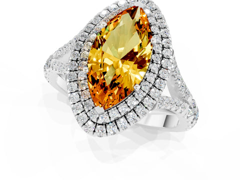 White gold Double Halo Marquise Cut Citrine Pavé Split Shank Ring with Prong Setting_1