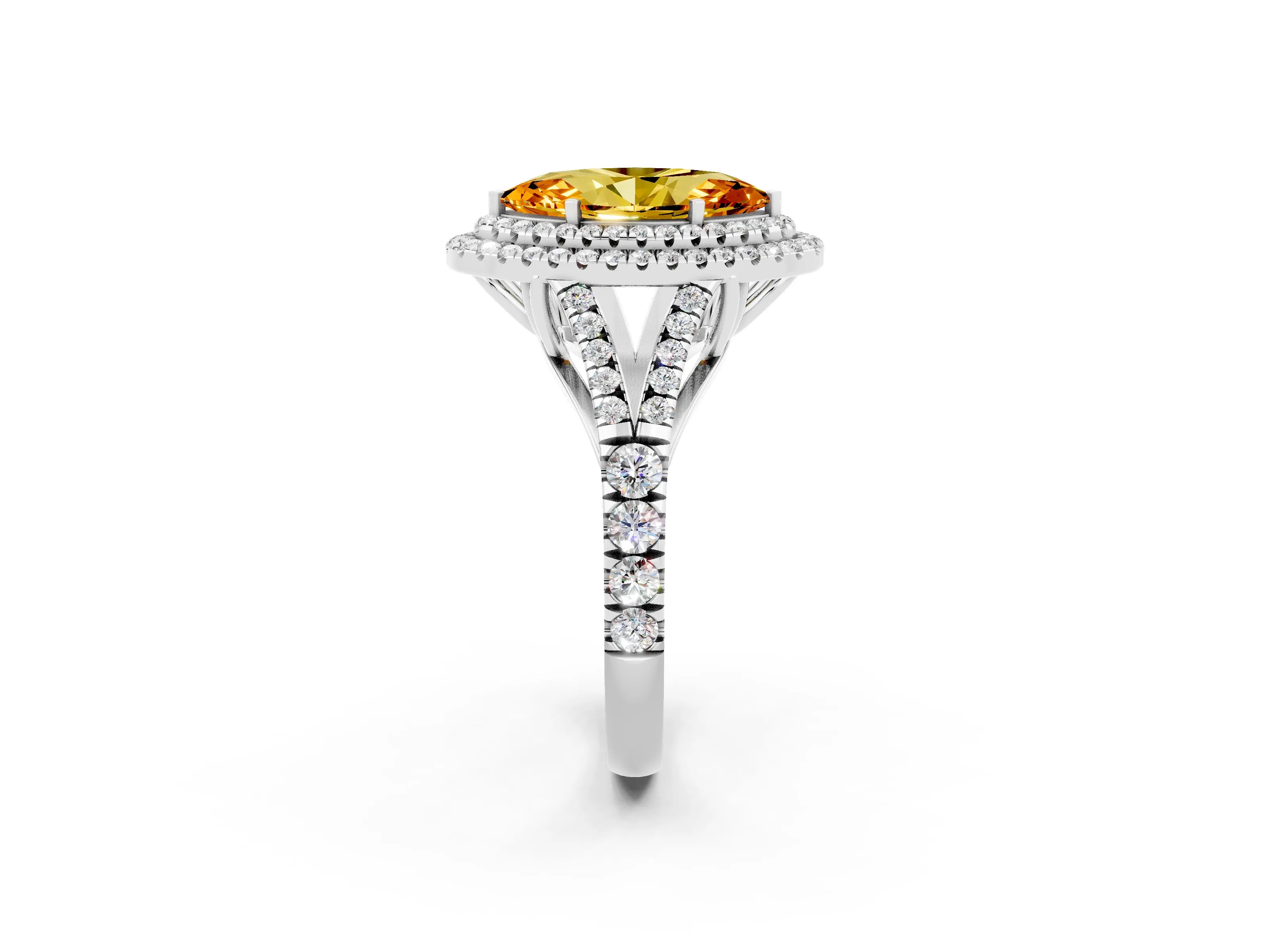 White gold Double Halo Marquise Cut Citrine Pavé Split Shank Ring with Prong Setting_2