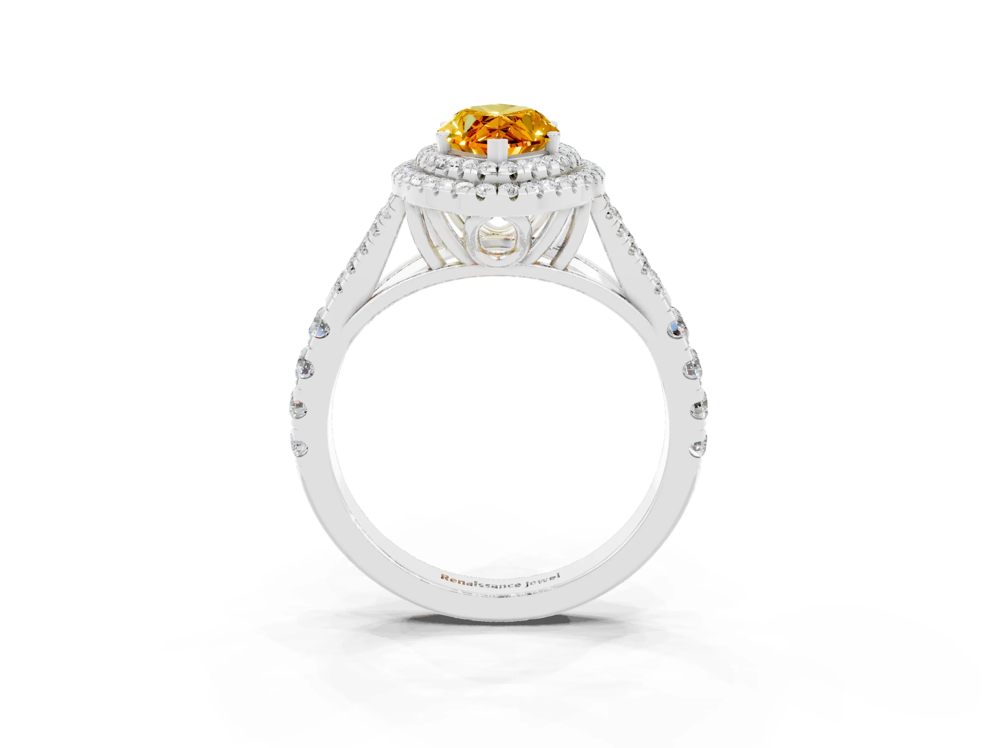 White gold Double Halo Marquise Cut Citrine Pavé Split Shank Ring with Prong Setting_3