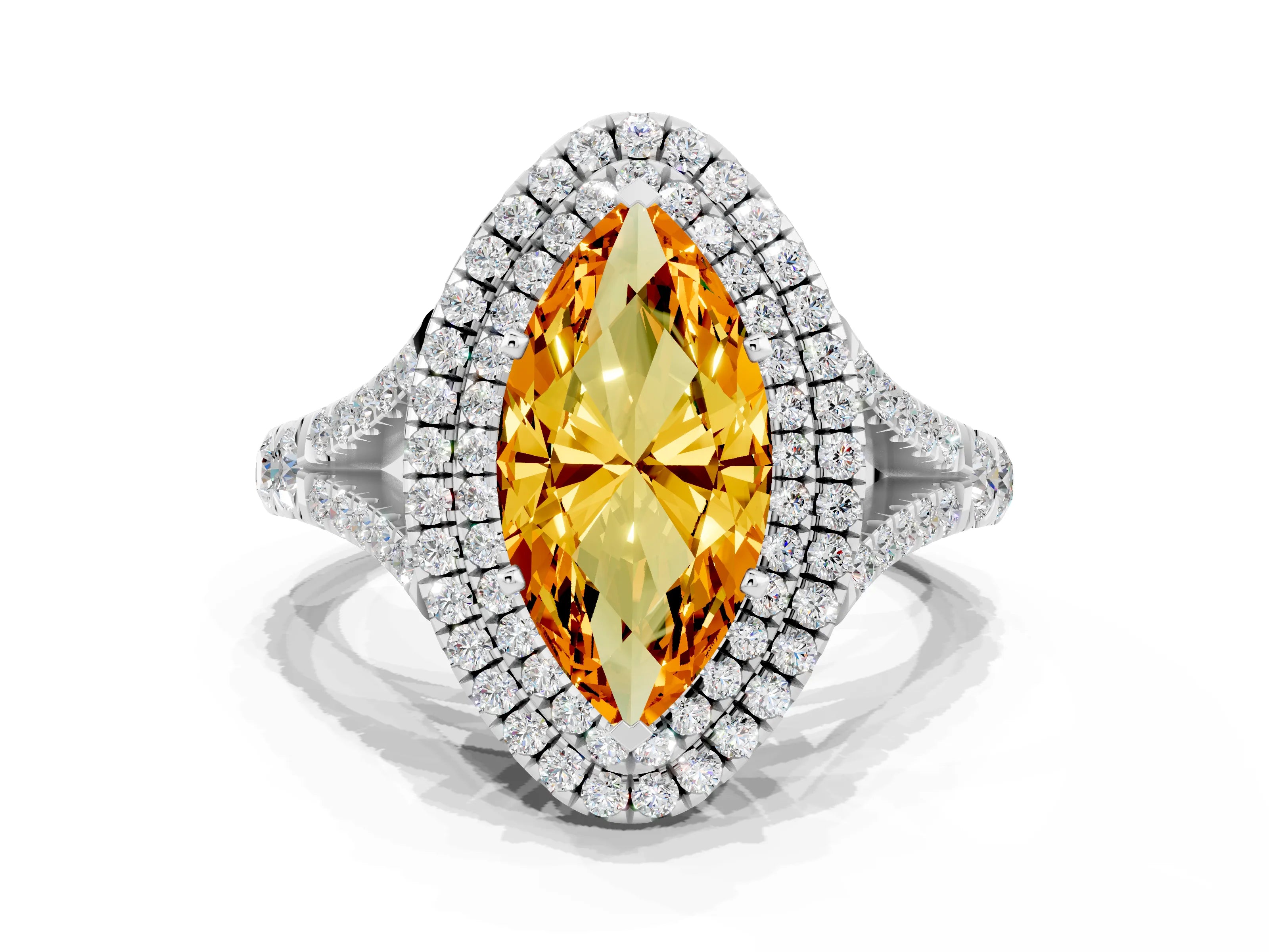 White gold Double Halo Marquise Cut Citrine Pavé Split Shank Ring with Prong Setting