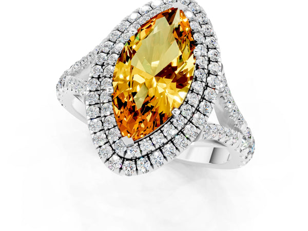 Platinum Double Halo Marquise Cut Citrine Split Shank Engagement Ring with Four-Prong Setting