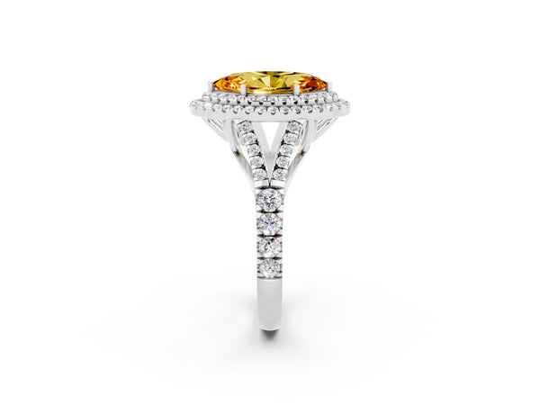 Platinum Double Halo Marquise Cut Citrine Split Shank Engagement Ring with Four-Prong Setting