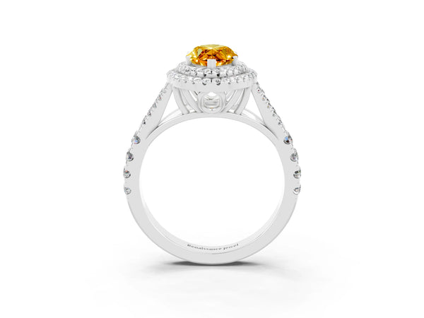 Platinum Double Halo Marquise Cut Citrine Split Shank Engagement Ring with Four-Prong Setting