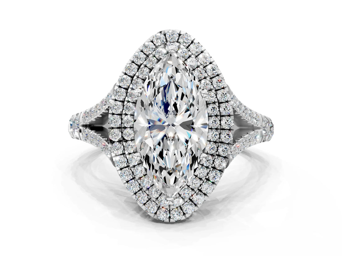 White gold Double Halo Marquise Cut Diamond Split Shank Engagement Ring with Four-Prong Setting_3