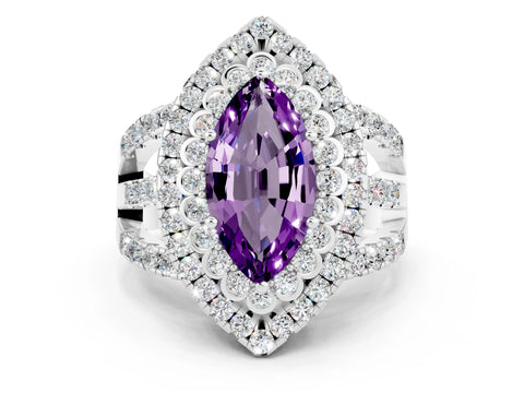 White gold Double Halo Marquise Cut Diamond Split Shank Pave Set Ring