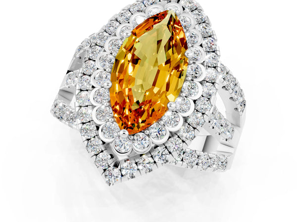 Platinum Marquise Cut Citrine Double Halo Ring with Round Pavé Split Shank and Prong Setting