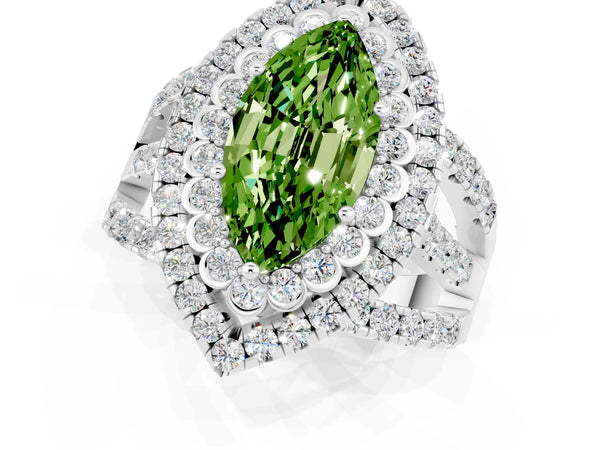 Silver Double Halo Marquise Cut Diamond Split Shank Pave Set Ring
