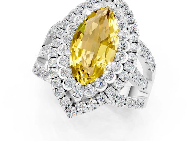 Platinum Marquise Cut Yellow Sapphire Double Halo Ring with Round Pavé Split Shank and Prong Setting