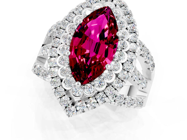 Silver Marquise Cut Garnet Double Halo Ring with Round Pavé Split Shank and Prong Setting