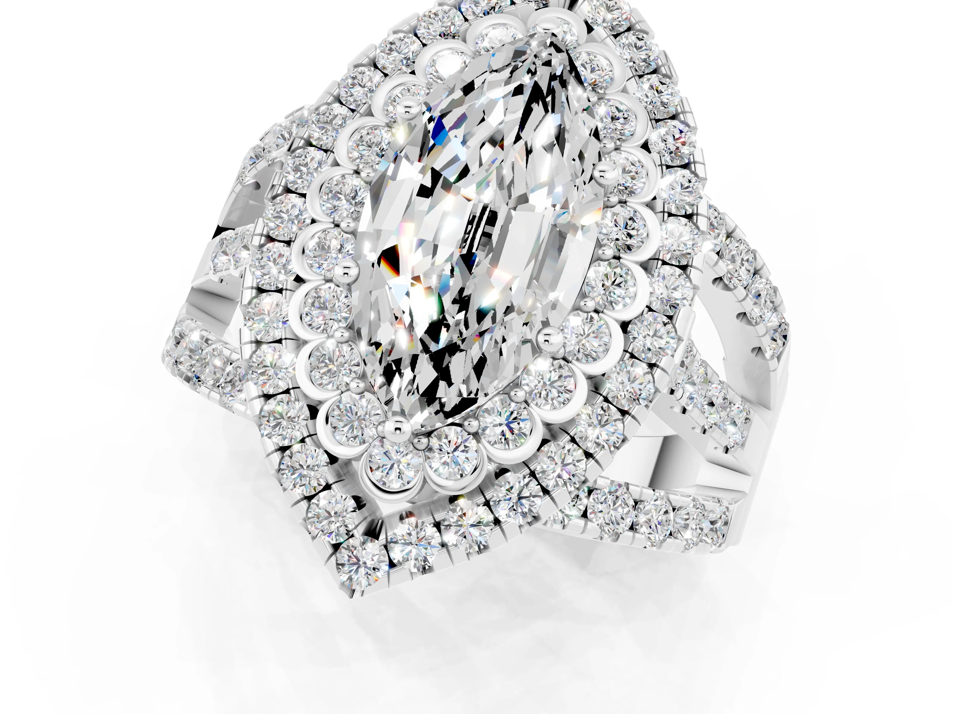 White gold Double Halo Marquise Cut Diamond Split Shank Pave Set Ring_1