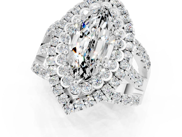 Silver Marquise Cut Moissanite Double Halo Ring with Round Pavé Split Shank and Prong Setting