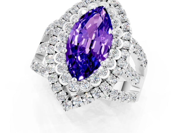 White gold Marquise Cut Tanzanite Double Halo Ring with Round Pavé Split Shank and Prong Setting