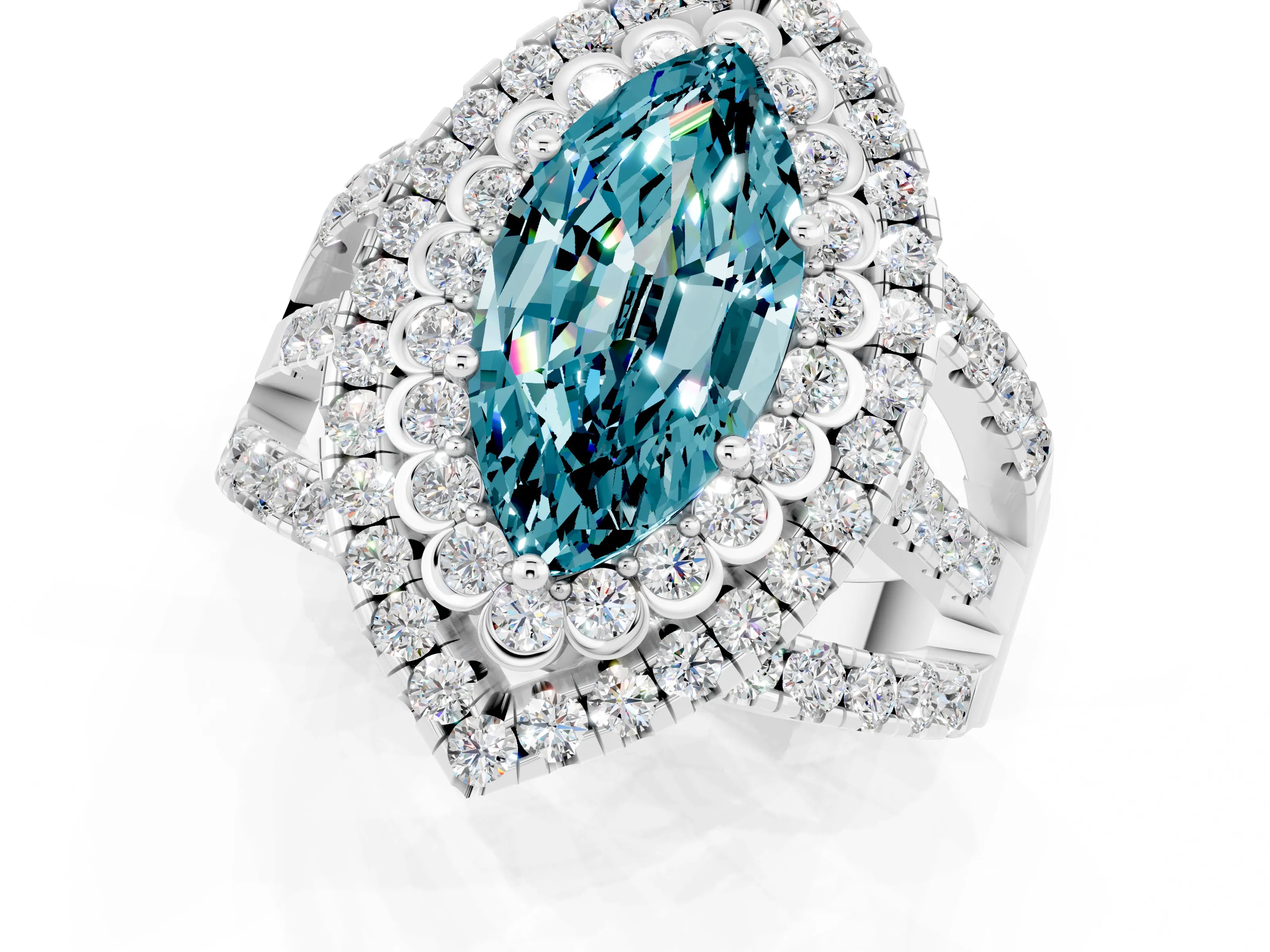 White gold Double Halo Marquise Cut Diamond Split Shank Pave Set Ring_1
