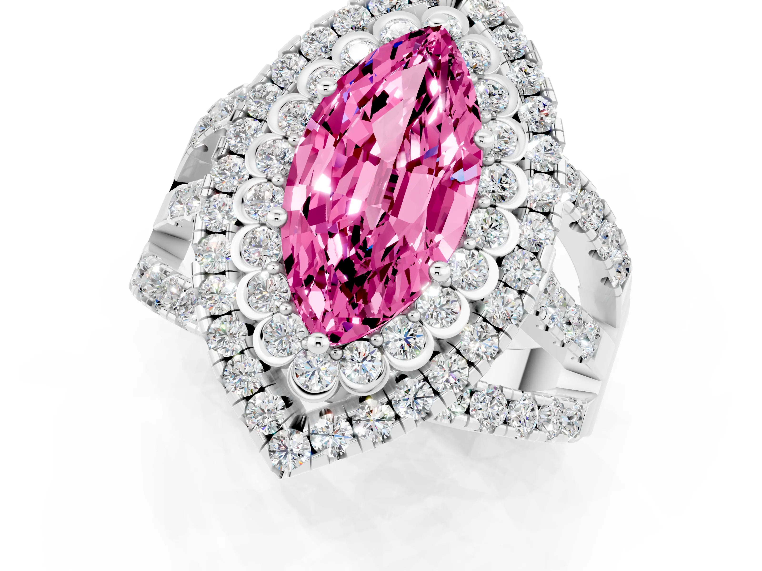 White gold Double Halo Marquise Cut Diamond Split Shank Pave Set Ring_1