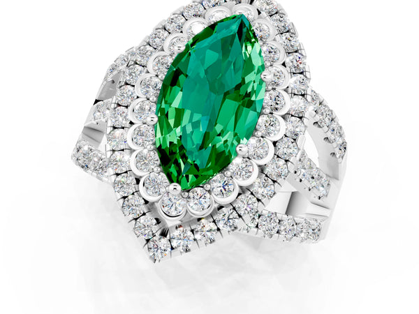 White gold Marquise Cut Emerald Double Halo Ring with Round Pavé Split Shank and Prong Setting